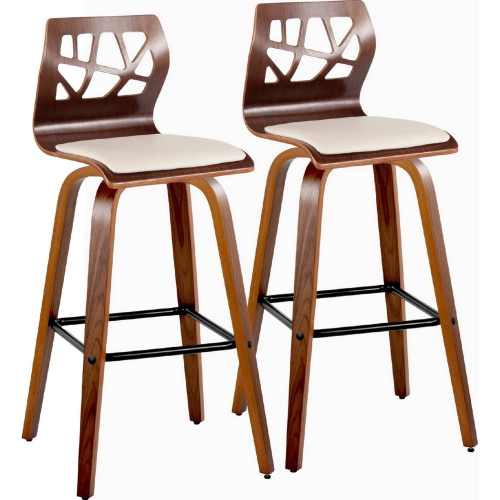 Folia 30" Swivel Bar Stool in Walnut Wood & Cream Leatherette w/ Black Footrest (Set of 2)